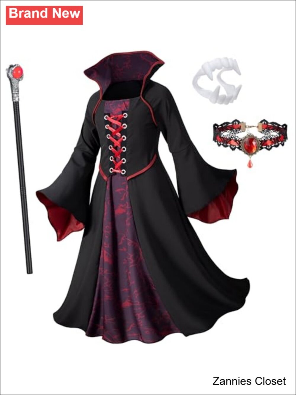 👻 Kaisebile Girls Vampire Costume Set Gothic Victorian Dress Fangs Staff Choker